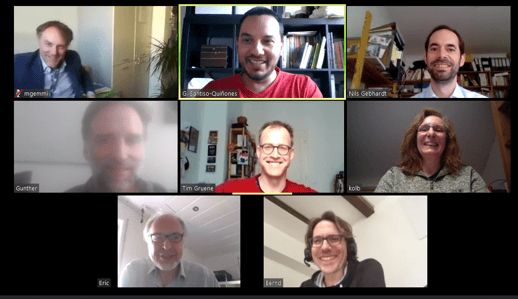 Virtual team-up with the new Scientific Advisory Board: (from left to right, back):  Mauro Gemmi, Gustavo Santiso, Nils Gebhardt, (middle:) Gunther Steinfeld, Tim Grüne, Ute Kolb, (front:) Eric Hovestreydt, Bernd Hinrichsen.